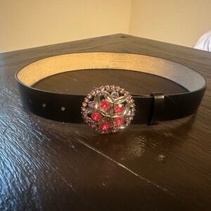 Black leather belt with jewel buckle detail